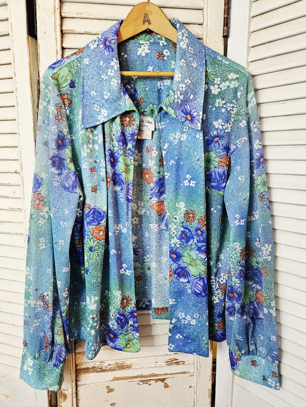 Vintage 1970s Blue Floral Open Jacket With Sheer Sleeves Large/XL Made In USA